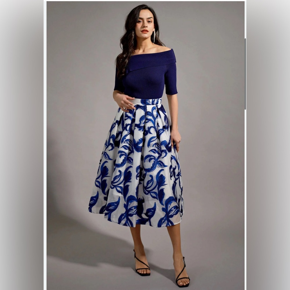 Chicwish Indigo Vine Jacquard Organza Pleated Midi Skirt 2xl 35” waist